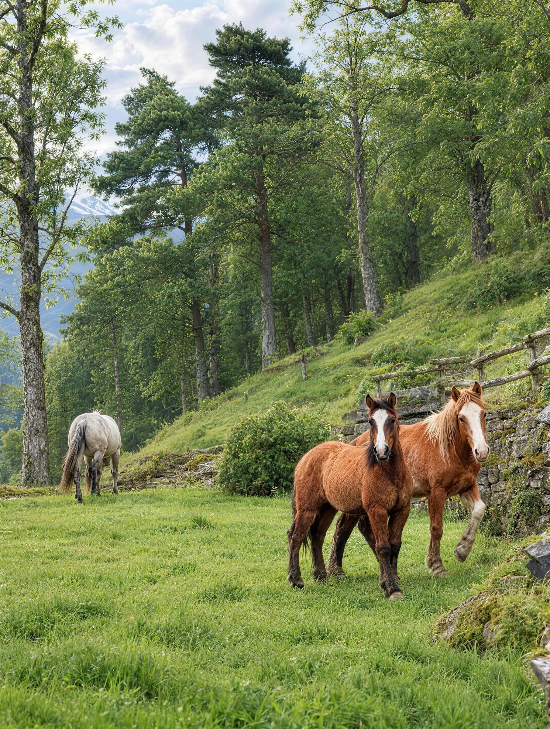 Due cavalli sauri con la lista bianca e un cavallo grigio sul prato verde in pendenza, ai piedi del bosco