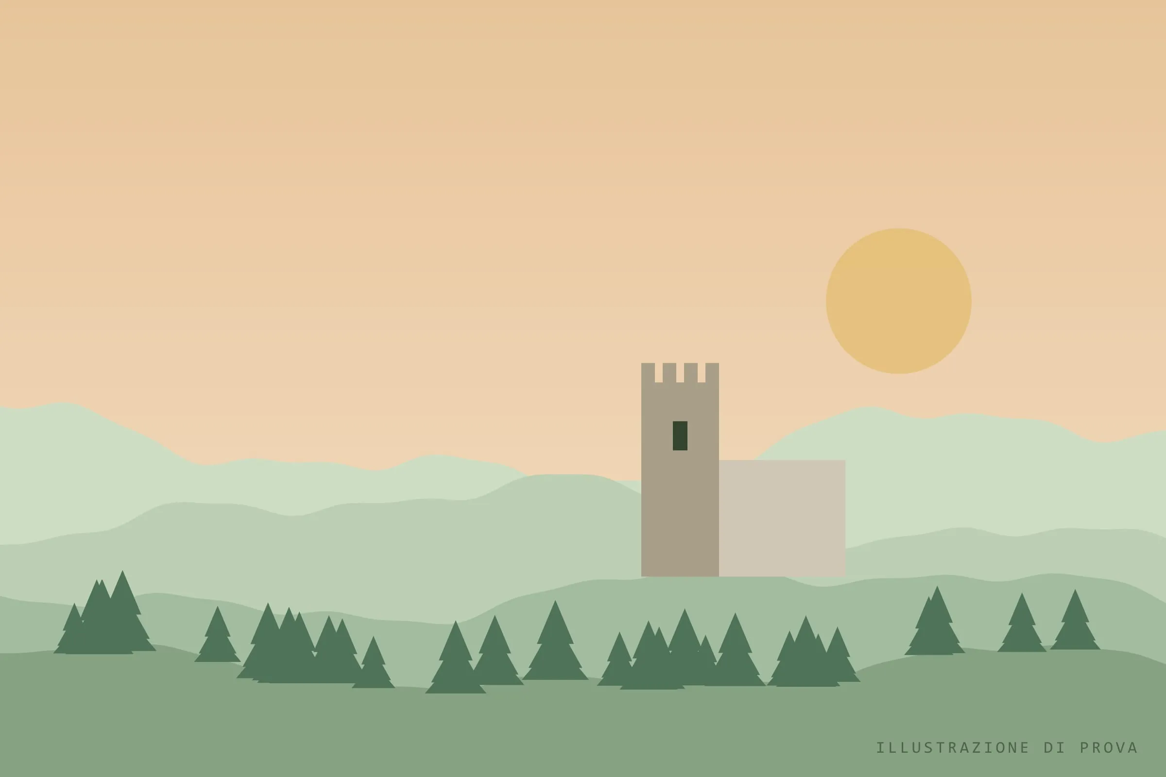 Illustrazione di prova: una torre di castello su una collina al tramonto
