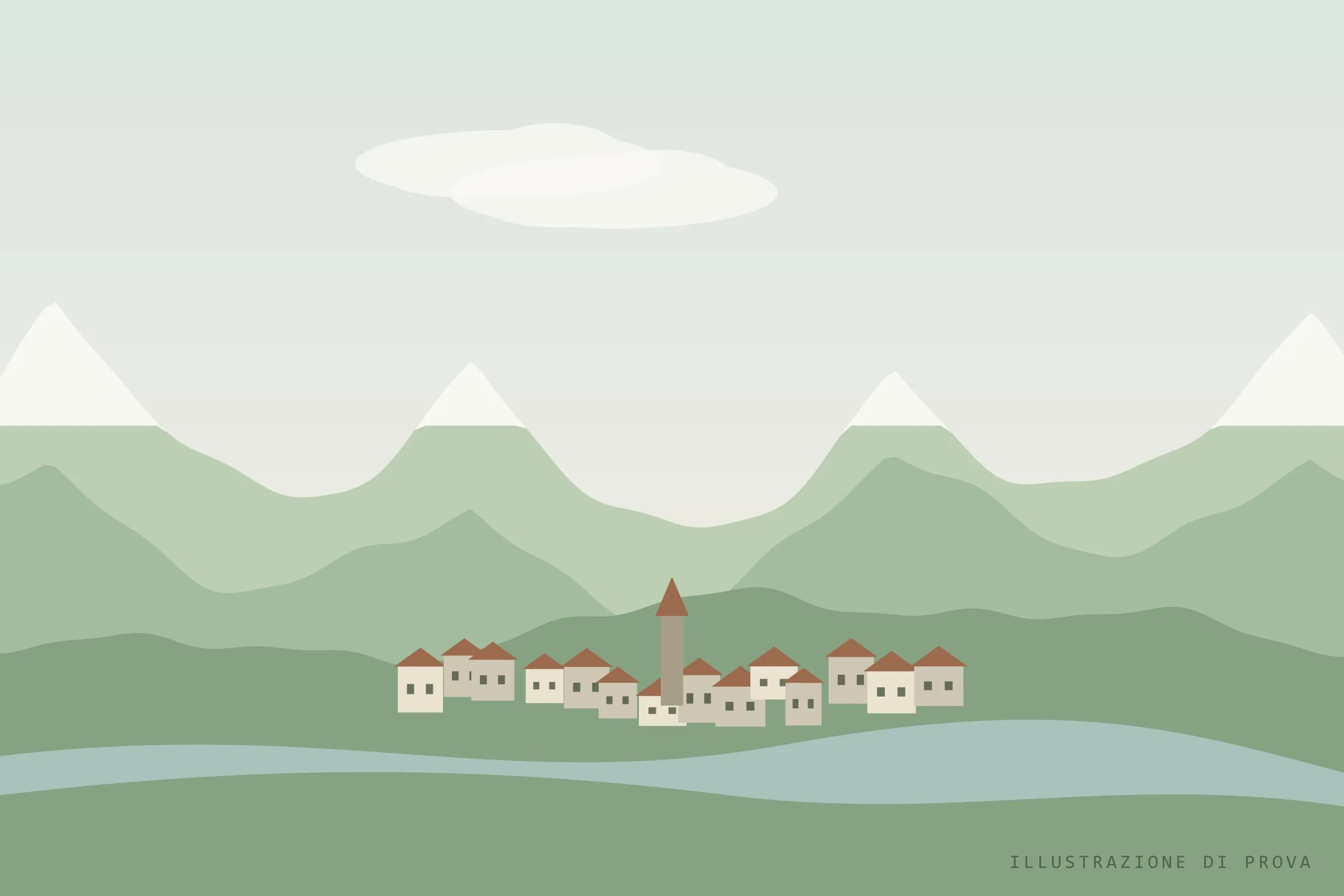 Illustrazione di prova: la valle con il fiume e il paese sotto le montagne