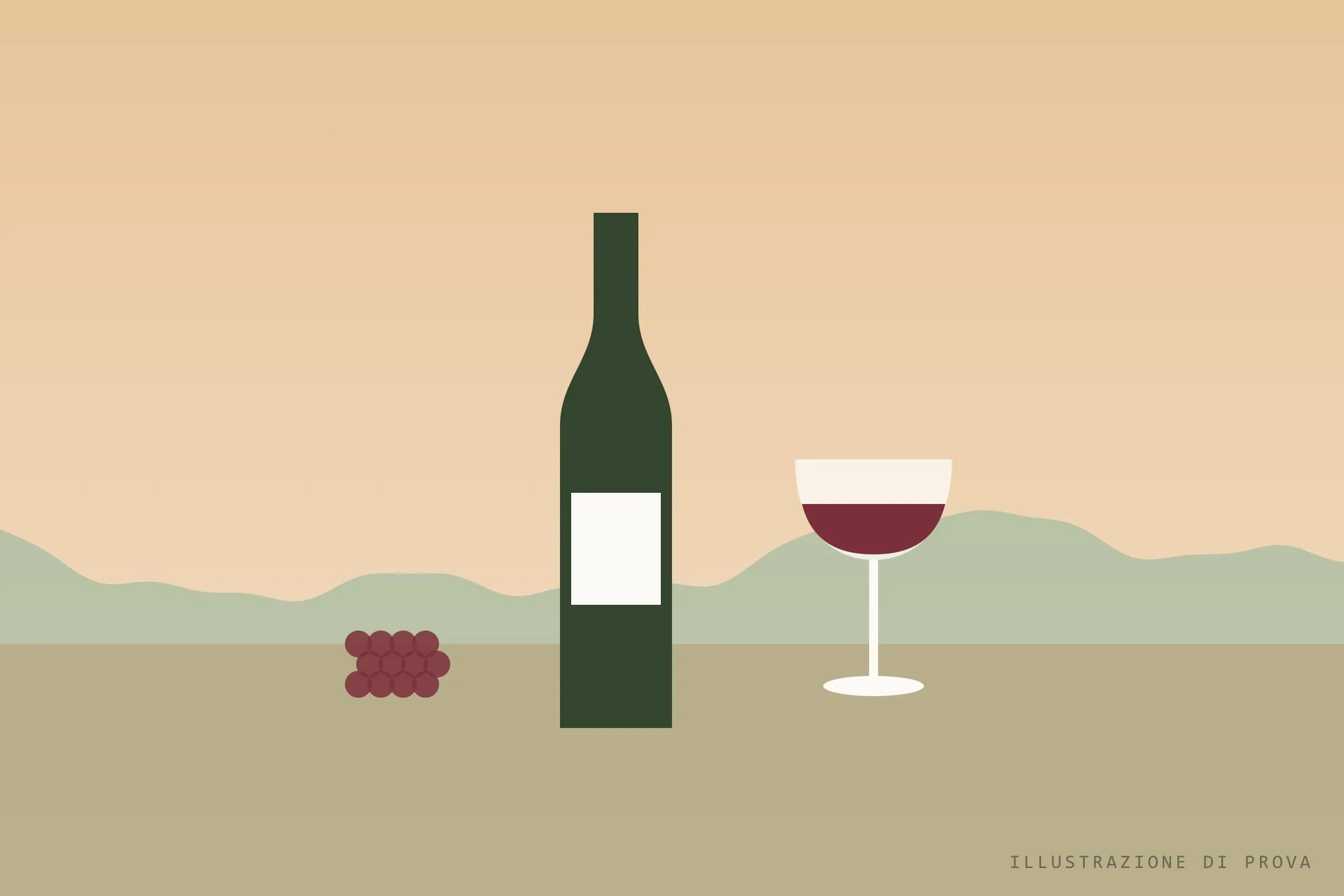 Illustrazione di prova: una bottiglia e un calice di vino rosso