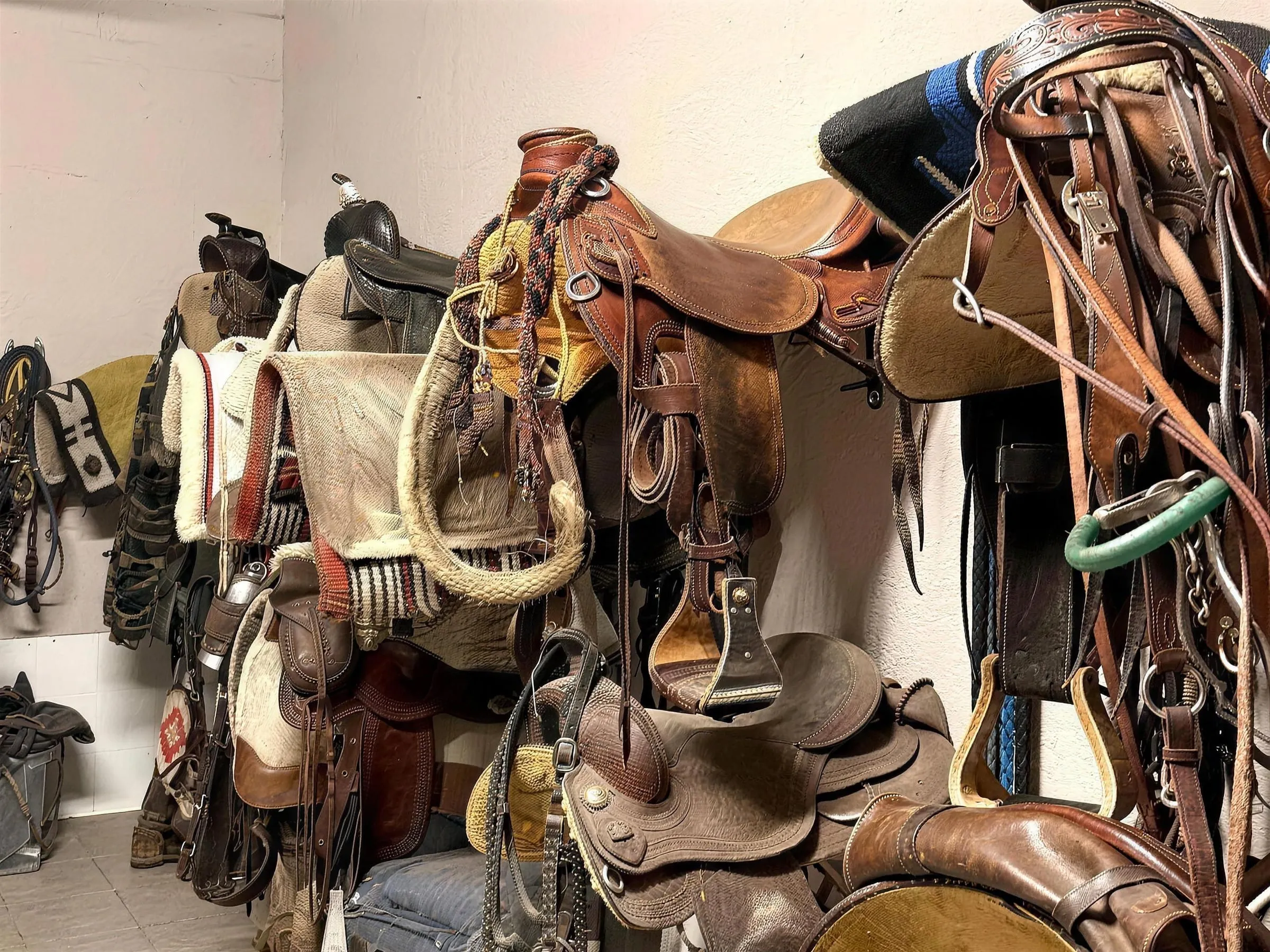 Selle western, briglie e coperte appese nella selleria