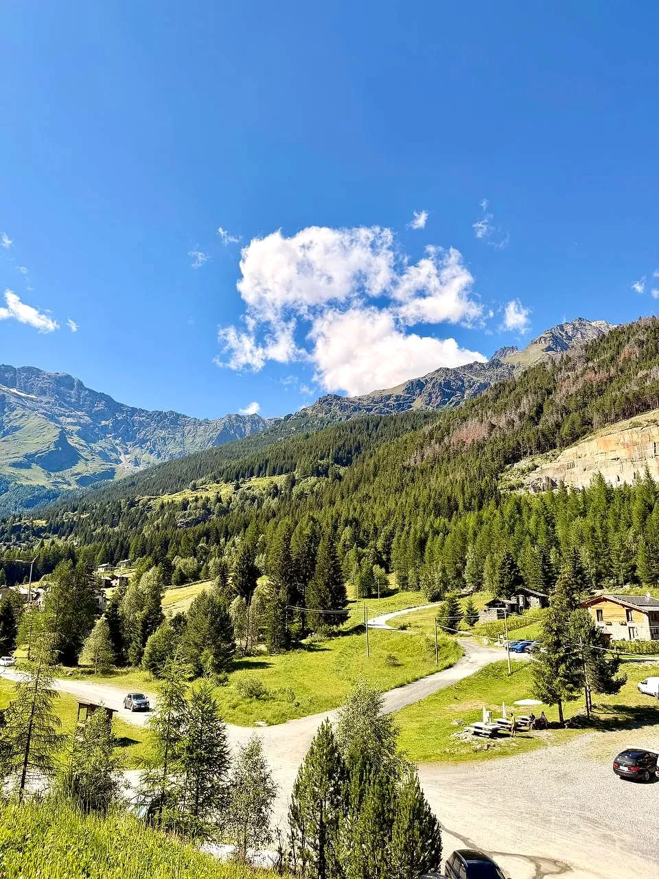 Una valle verde con pascoli, boschi e qualche casa, sotto un cielo azzurro, in Valmalenco